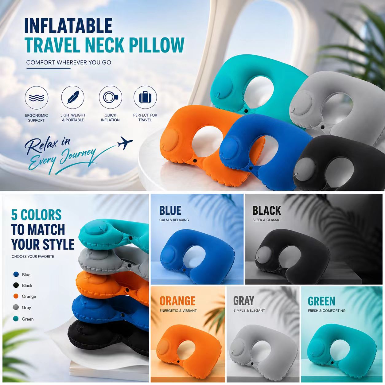 Travel Pillow Inflatable - 5 Kolorów Nadmuchiwana Poduszka Składana Przenośna